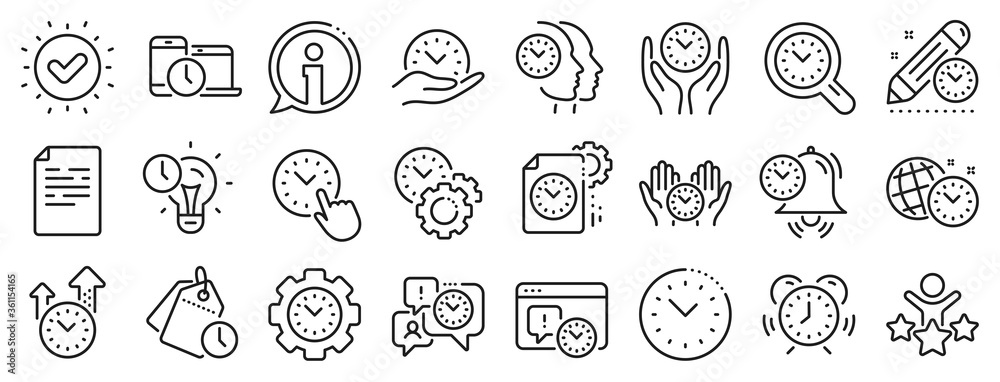 Alarm clock, timer plan and project deadline signs. Time management line icons. Countdown clock, time log and appointment reminder icons. People work, watch and office timer. Vector
