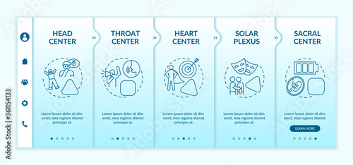 Energy centers onboarding vector template. Chakra position on body. Spiritual knowledge. Human design. Responsive mobile website with icons. Webpage walkthrough step screens. RGB color concept