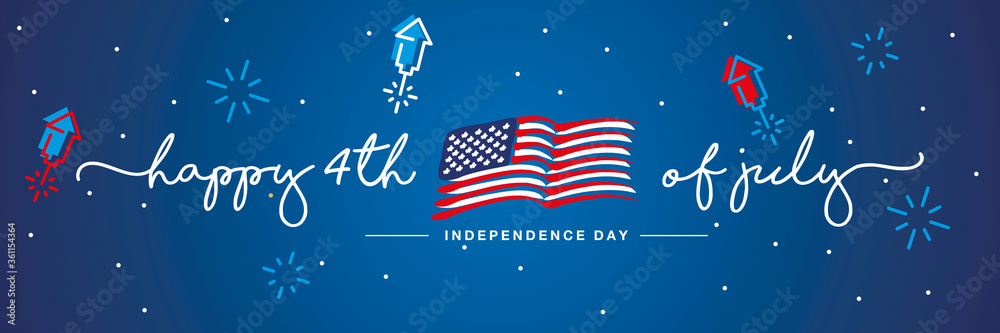 Happy 4th of july Independence day handwritten typography USA abstract wavy flag firework confetti stars blue background banner - obrazy, fototapety, plakaty 