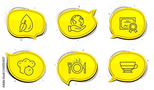 Food sign. Diploma certificate, save planet chat bubbles. Americano, Cooking timer and Water drop line icons set. Beverage cup, Stopwatch, Mint leaf. Cutlery. Food and drink set. Vector