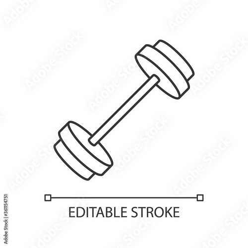 Barbell linear icon. Health club, gym equipment for intense strongman training. Bodybuilding thin line customizable illustration. Contour symbol. Vector isolated outline drawing. Editable stroke