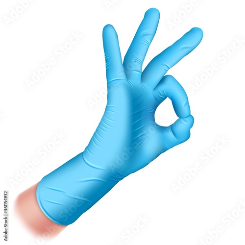 Hand in a rubber glove of blue color closeup. Hand makes ok sign. Hand gesture - Okay. Realistic 3d illustration. Isolated on a white background. Vector.