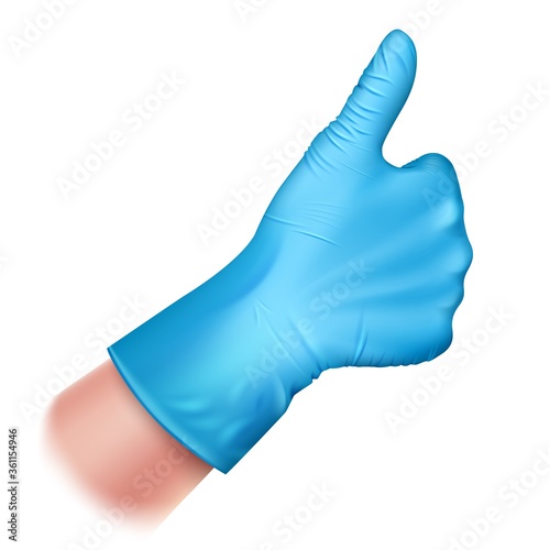 Hand in a blue rubber glove. Hand gesture thumb up - Good. Realistic 3d illustration. Isolated on a white background. Vector illustration.