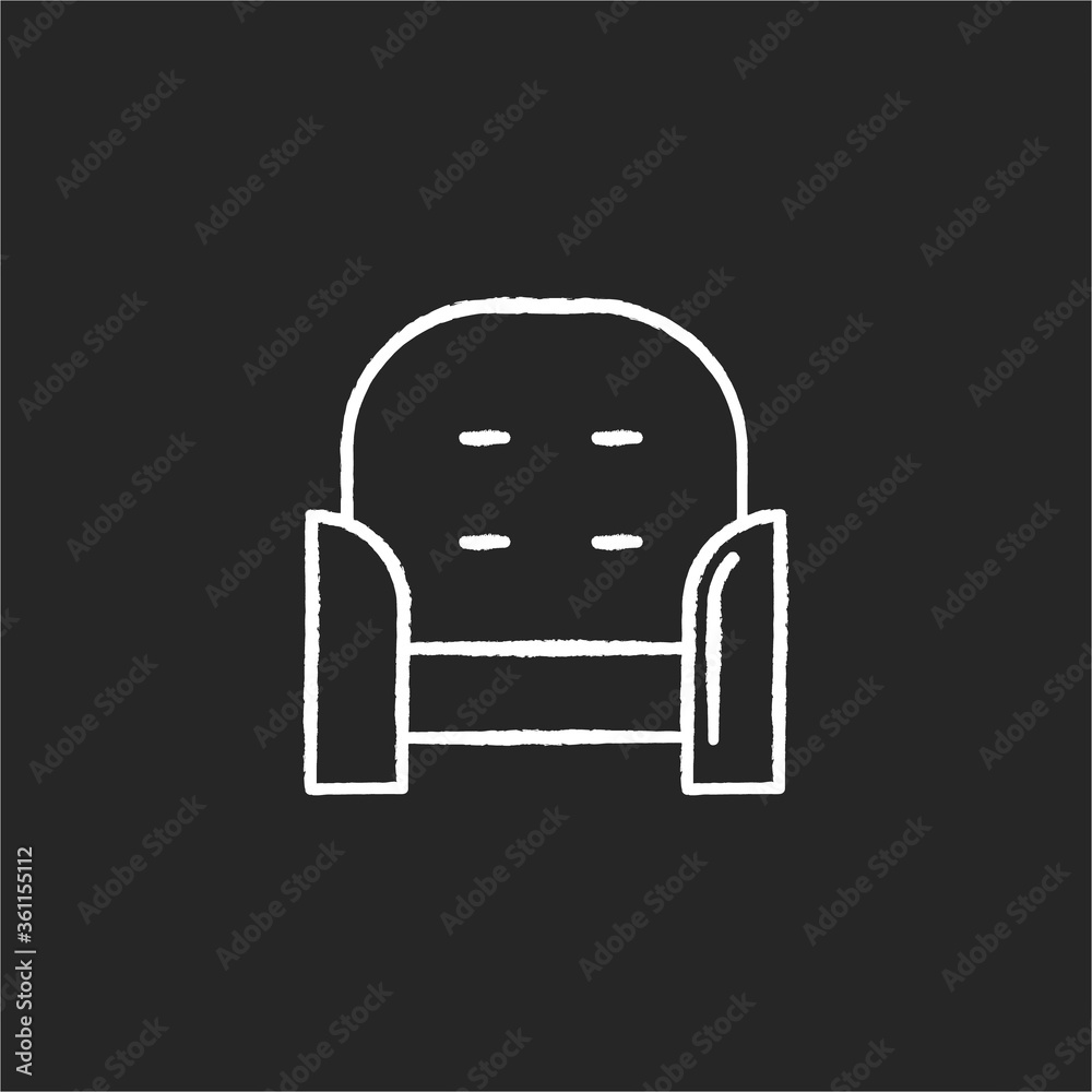 Armchair front chalk white icon on black background. Cozy chair for home interior. Seat with cushion for relaxation. Apartment amenities, furnishing for home. Isolated vector chalkboard illustration Armchair front chalk white icon on black background. Cozy chair for home interior. Seat with cushion for relaxation. Apartment amenities, furnishing for home. Isolated vector chalkboard illustration