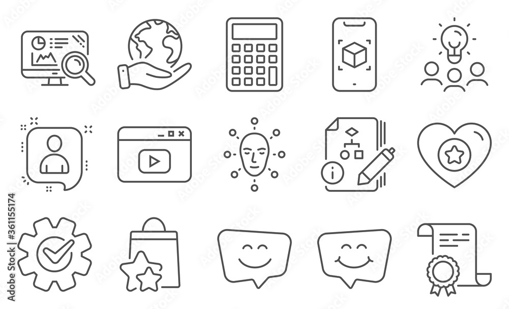 Set of Technology icons, such as Cogwheel, Smile chat. Diploma, ideas, save planet. Loyalty points, Video content, Algorithm. Face biometrics, Augmented reality, Developers chat. Vector Set of Technology icons, such as Cogwheel, Smile chat. Diploma, ideas, save planet. Loyalty points, Video content, Algorithm. Face biometrics, Augmented reality, Developers chat. Vector