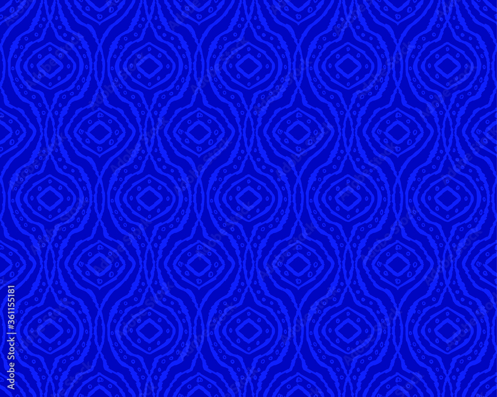 Seamless ikat pattern with waves for fabric, textile, wallpaper, book cover, wrapping paper, blue seamless  textured background 