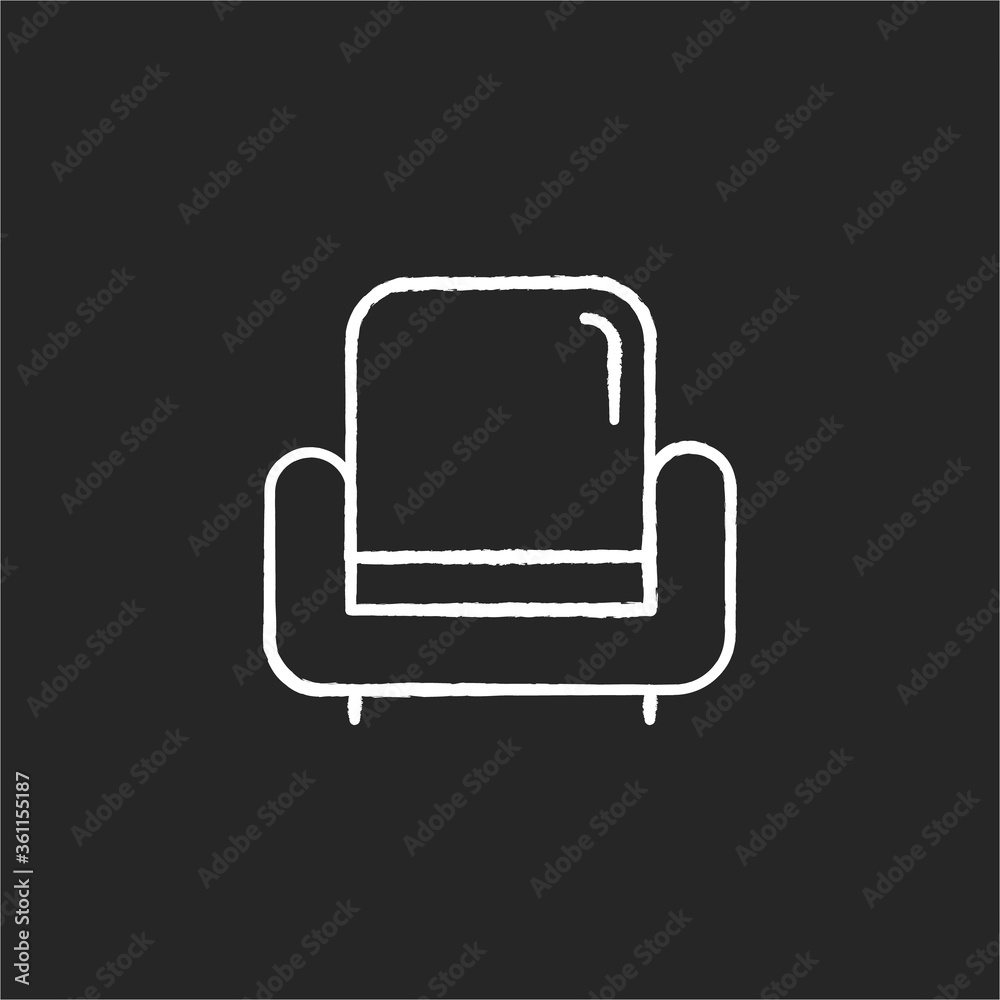 Armchair chalk white icon on black background. Comfortable chair for house interior. Living room furniture. Apartment amenities, furnishing for home. Isolated vector chalkboard illustration Armchair chalk white icon on black background. Comfortable chair for house interior. Living room furniture. Apartment amenities, furnishing for home. Isolated vector chalkboard illustration