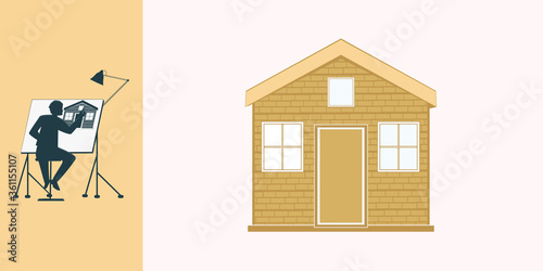 Brick house, designer works at the easel - vector. Banner. DIY home repair.