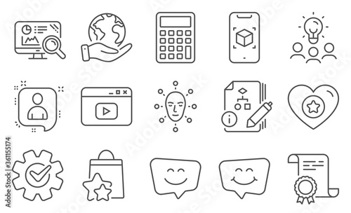 Set of Technology icons, such as Cogwheel, Smile chat. Diploma, ideas, save planet. Loyalty points, Video content, Algorithm. Face biometrics, Augmented reality, Developers chat. Vector