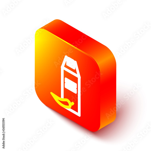 Isometric line Pepper spray icon isolated on white background. OC gas. Capsicum self defense aerosol. Orange square button. Vector Illustration.