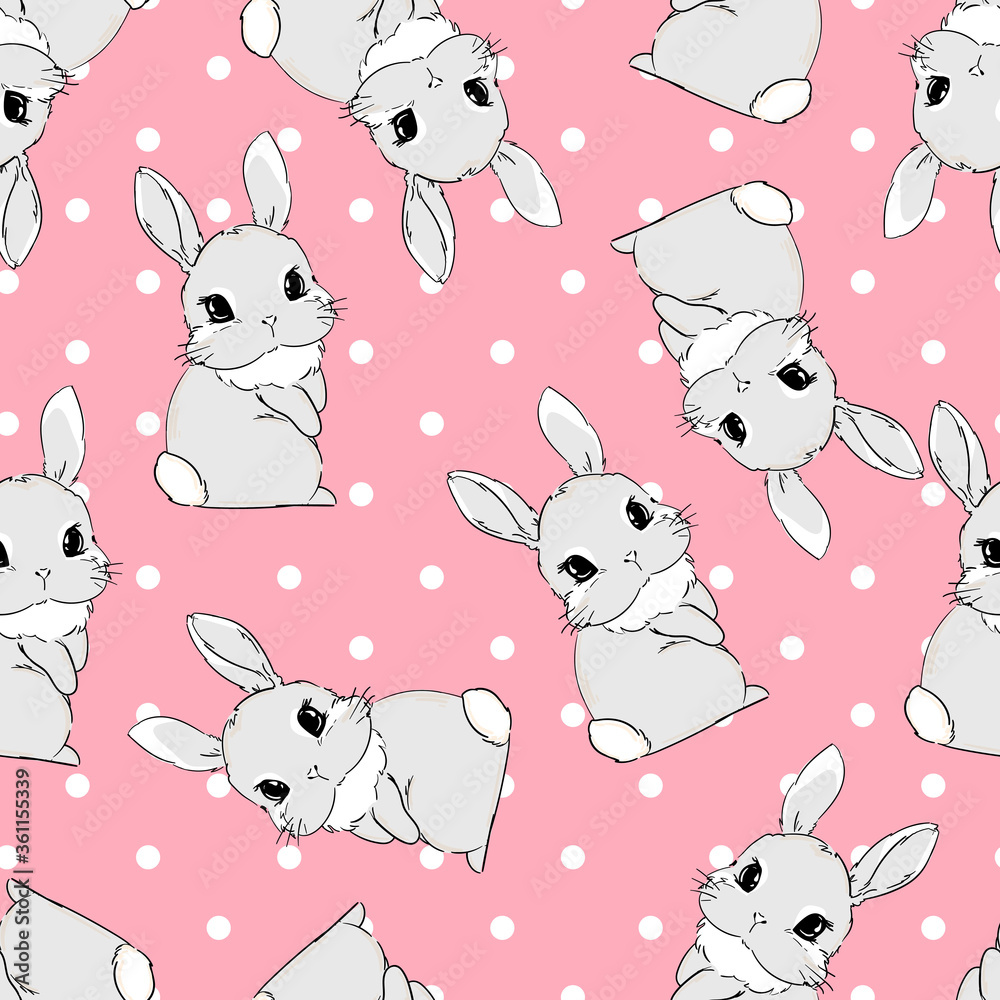 Cute Bunny on a pink background. Polkadot. Rabbit Vector illustration. Print design for baby textiles, cute fabric.