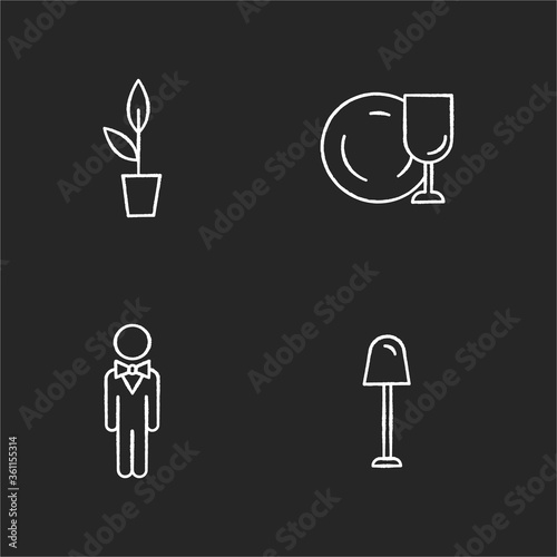 Restaurant chalk white icons set on black background. Potted plant for cafe decoration. Clean tableware to serve food. Hotel manager. Floor lamp for lighting. Isolated vector chalkboard illustrations