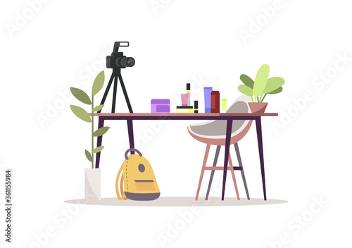 Beauty blog semi flat RGB color vector illustration. Camera and cosmetics on table isolated cartoon objects on white background. Professional stylist vlog, makeup and skincare products review