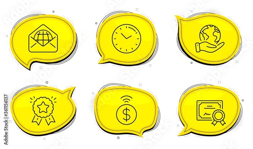 Web mail sign. Diploma certificate, save planet chat bubbles. Ranking star, Contactless payment and Time line icons set. Winner medal, Financial payment, Clock. World communication. Vector