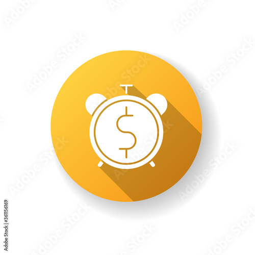 Countdown to payout flat design long shadow glyph icon. Alarm clock with dollar sign. Future fund. Financial asset. Time to pay loan. Future income. Bank payback. Silhouette RGB color illustration