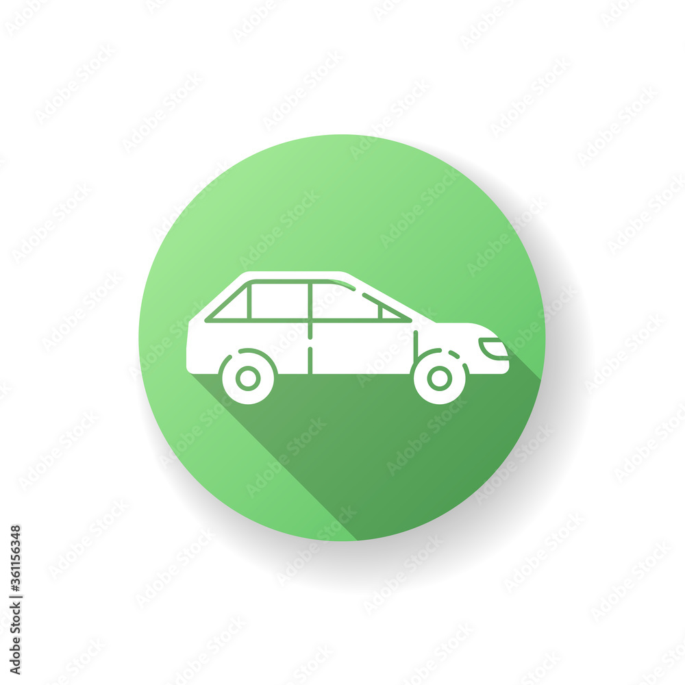 Car side view green flat design long shadow glyph icon. Automotive vehicle. Fast automobile on motor engine. Drive in sedan. Taxi for urban trip. Delivery service. Silhouette RGB color illustration Car side view green flat design long shadow glyph icon. Automotive vehicle. Fast automobile on motor engine. Drive in sedan. Taxi for urban trip. Delivery service. Silhouette RGB color illustration
