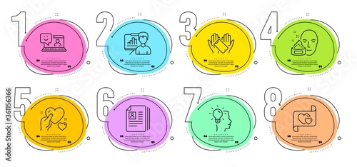 Idea, Face cream and Cv documents signs. Timeline steps infographic. Hold heart, Smile and Presentation board line icons set. Love letter, Smartphone holding symbols. Vector