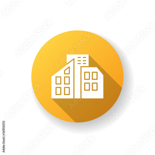 Smart city flat design long shadow glyph icon. Urban office center. City skyscrapers. Condo building. Tall houses. Town infrastructure. Apartment in condominium. Silhouette RGB color illustration