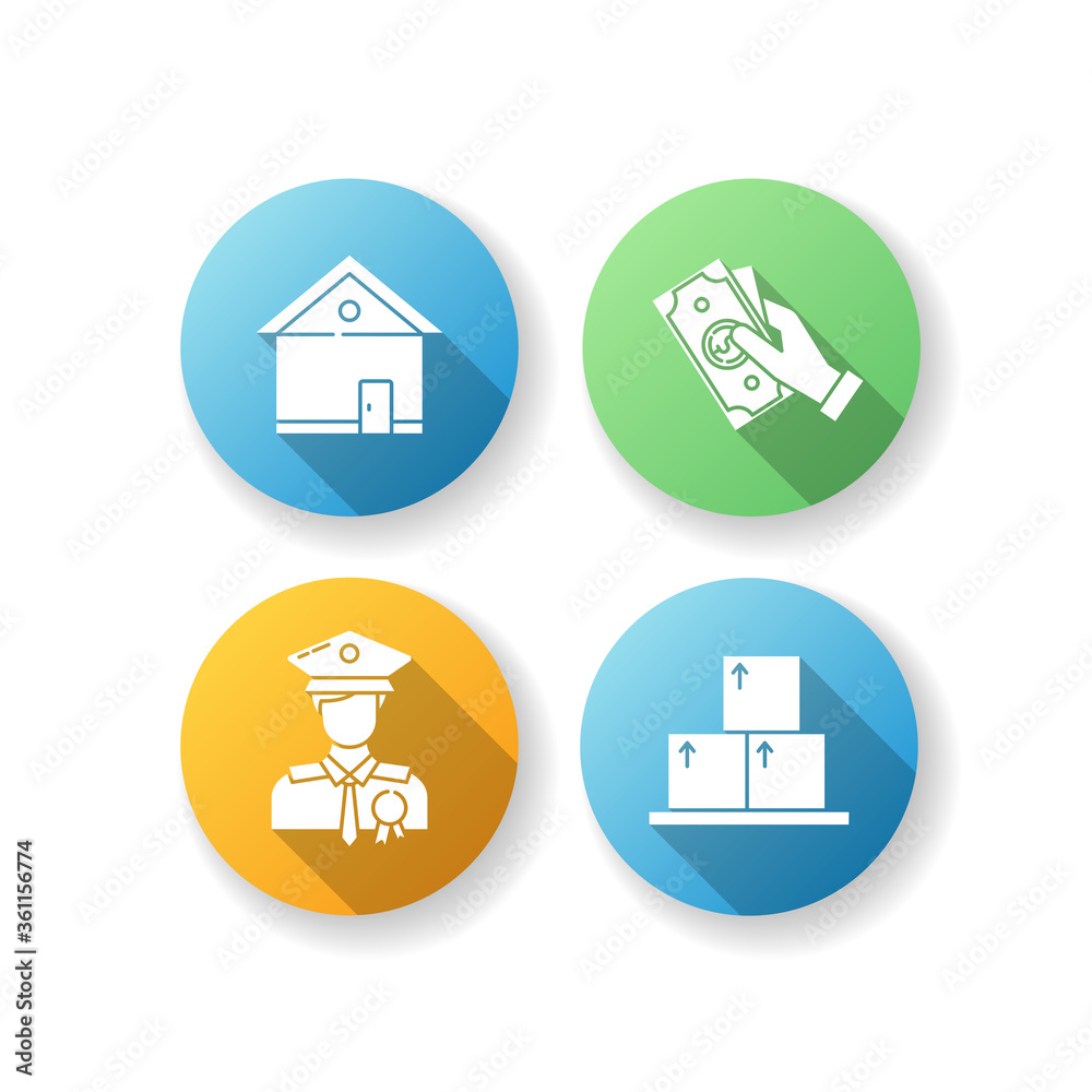 Removal of property flat design long shadow glyph icons set. Police officer. Insurance claim. Real estate. Moving cardboard boxes. Paying for bank debt. Silhouette RGB color illustration Removal of property flat design long shadow glyph icons set. Police officer. Insurance claim. Real estate. Moving cardboard boxes. Paying for bank debt. Silhouette RGB color illustration