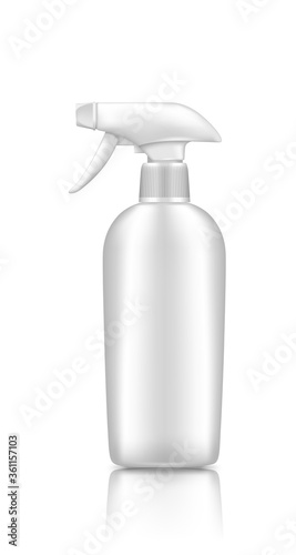 Plastic spray pistol cosmetic bottle mockup isolated on white background. Packaging design. Blank cleaning, hygiene or cosmetic product container template. 3d realistic vector illustration