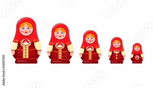 Matryoshka or Babushka nesting doll, handmade wooden souvenir toy traditional from russian icon symbol set in cartoon flat illustration vector on white background