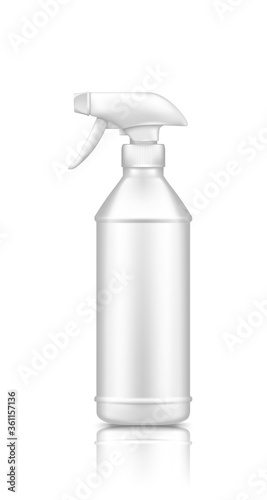 Plastic spray pistol sanitize bottle mockup isolated on white background. Packaging design. Blank cleaning, hygiene or cosmetic product container template. 3d realistic vector illustration