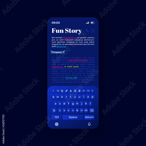 Text writing smartphone interface vector template. Mobile app page black theme design layout. Flat UI for docs viewing application. Documents editing and notes creating screen. Phone display
