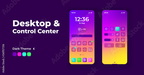 Desktop and control center smartphone interface vector templates set. Mobile home page purple gradient design layouts. Flat night mode UI for application. Search bar and widgets. Phone displays
