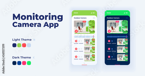 Monitoring camera smartphone interface vector template set. Outdoor surveillance. Mobile app page black and white theme design layout. Flat UI for application. Private home security. Phone display