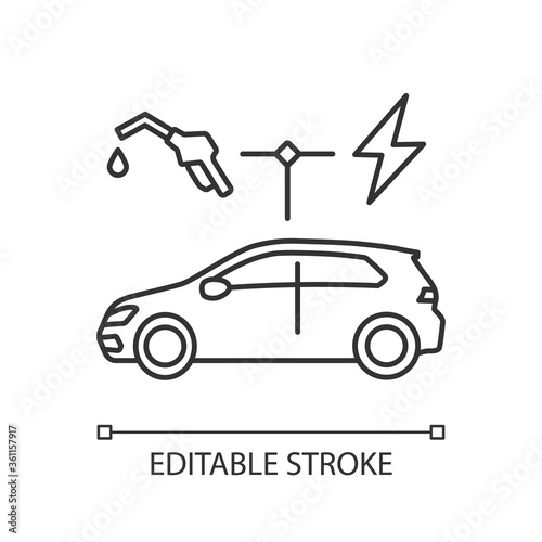 Hybrid vehicle linear icon. Alternative energy use, eco friendly transportation thin line customizable illustration. Contour symbol. Modern automobile vector isolated outline drawing. Editable stroke