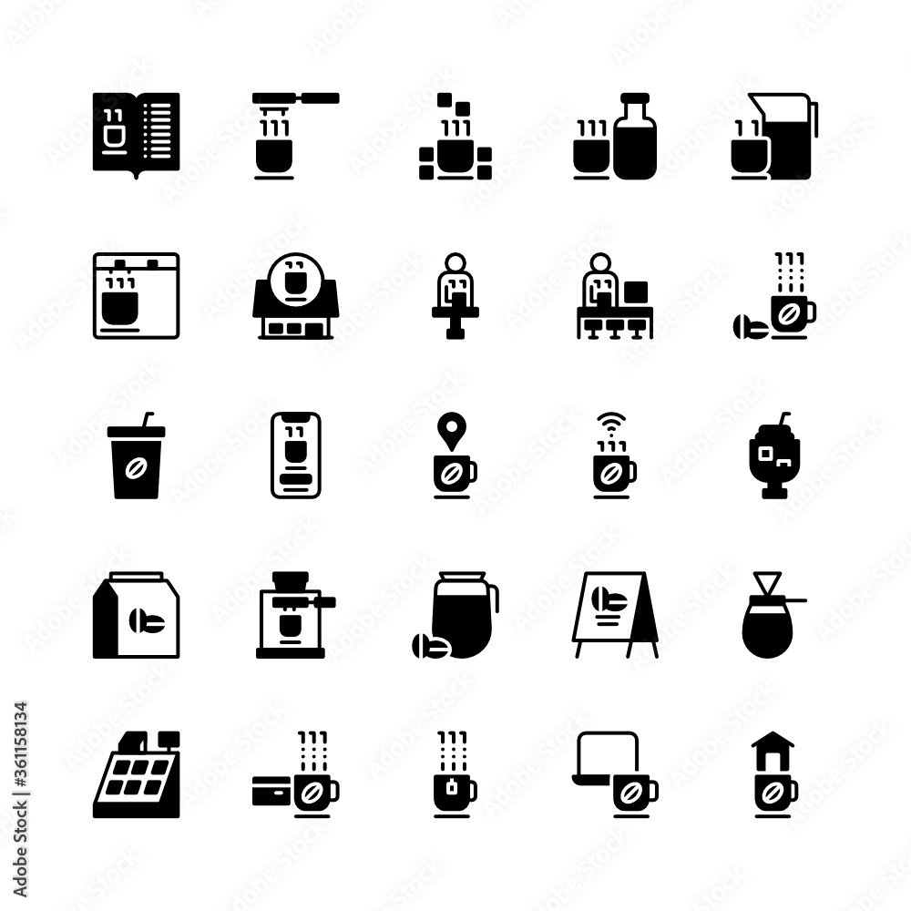 Set of coffee shop store glyph style icon - vector