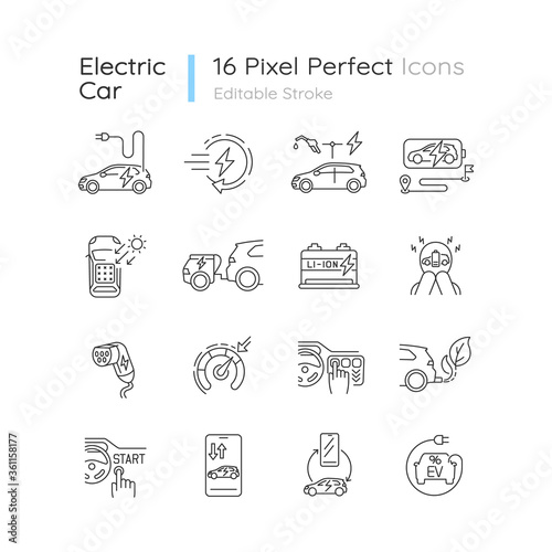 Electric car linear icons set. Environmentally safe automobile, alternative transport customizable thin line contour symbols. Isolated vector outline illustrations. Editable stroke