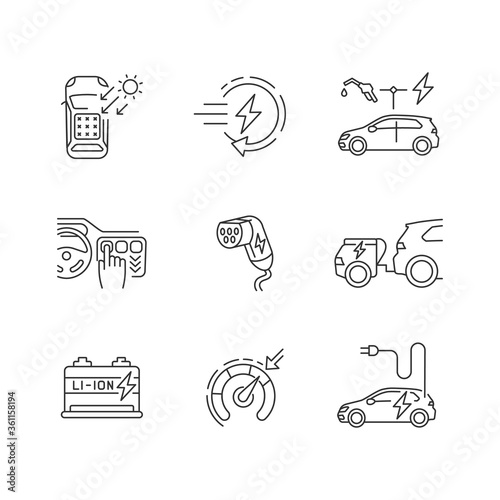 Electric vehicle linear icons set. Modern eco clean transportation customizable thin line contour symbols. Hybrid, fully electric and solar cars. Isolated vector outline illustrations. Editable stroke