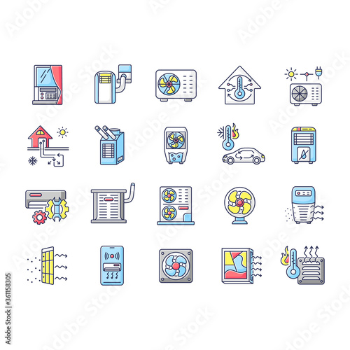 Air conditioning RGB color icons set. Climate control technology. Different household appliances and systems for temperature control. Isolated vector illustrations