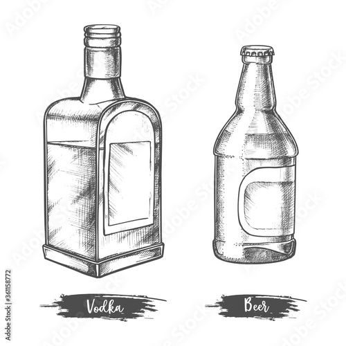 Alcohol drink bottles sketch of vodka and beer