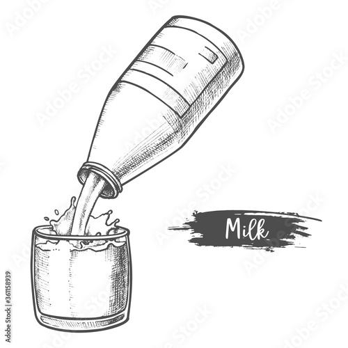 Milk, dairy products sketch, milk pouring in glass