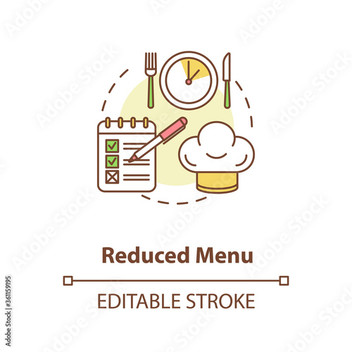 Reduced menu concept icon. Cafe and restaurants safety guidelines idea thin line illustration. Food hygiene tips during coronavirus disease. Vector isolated outline RGB color drawing. Editable stroke