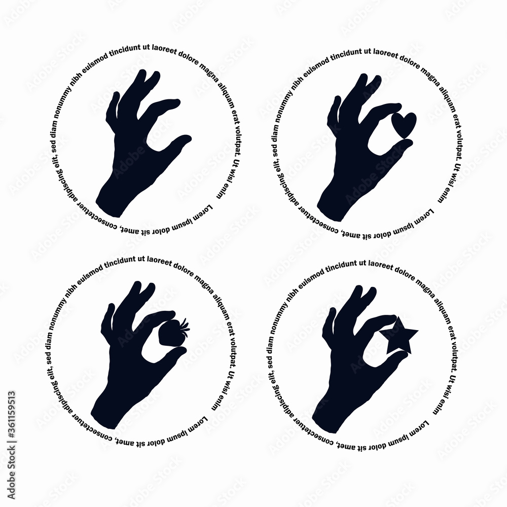 Fototapeta premium The silhouette of a woman hand. A set of four drawings on an isolated background with elements between your fingers.