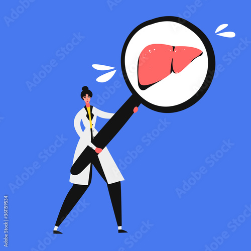 Doctor checks liver medical banner. Concept art diagnostics of diseases. Examine internal organs.