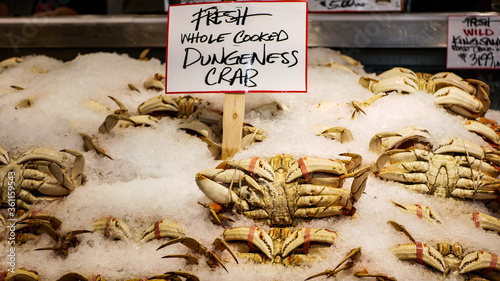 Fotografie Fresh dungeness raw crabs on ice for sale in a street market in Seattle