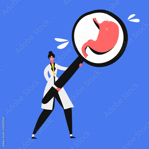 Doctor checks stomach medical banner. Concept art diagnostics of diseases. Examine internal organs.