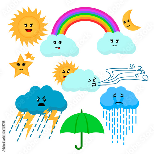 Cartoon Color Cute Weather Sign Icon Set. Vector