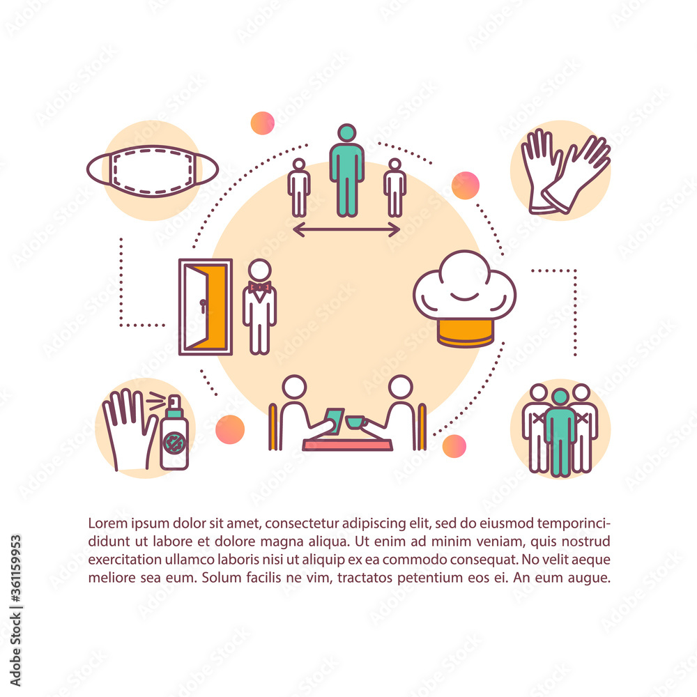 Eating out safety concept icon with text. PPT page vector template. Keep safe distance. Food hygiene during covid. Brochure, magazine, booklet design element with linear illustrations Eating out safety concept icon with text. PPT page vector template. Keep safe distance. Food hygiene during covid. Brochure, magazine, booklet design element with linear illustrations