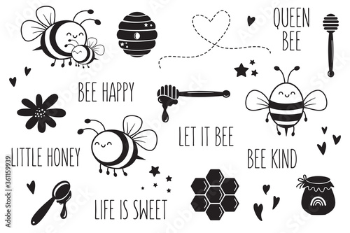 Vector hand drawn collection for nursery decoration with cute bee and honey