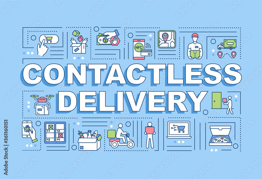 Contactless delivery word concepts banner. Infographics with linear icons on blue background. Order food online. Use digital payments. Isolated typography. Vector outline RGB color illustration Contactless delivery word concepts banner. Infographics with linear icons on blue background. Order food online. Use digital payments. Isolated typography. Vector outline RGB color illustration