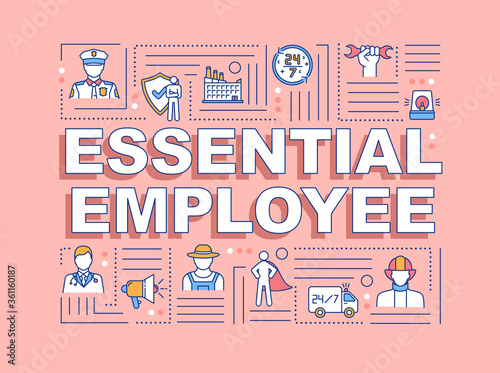 Essential employee word concepts banner. Infographics with linear icons on blue background. Police, firefighting, medical and food employees. Isolated typography. Vector outline RGB color illustration © bsd studio
