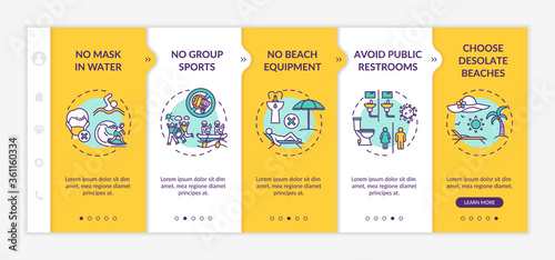 Beach safety onboarding vector template. Avoid public restrooms. No mask in water. Virus spread prevention. Responsive mobile website with icons. Webpage walkthrough step screens. RGB color concept