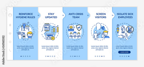 Workplace safety onboarding vector template. Anti-crisis team. Isolate sick employee. Hygiene rules in office. Responsive mobile website with icons. Webpage walkthrough step screens. RGB color concept