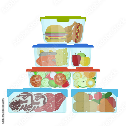 Cartoon Color Plastic Containers with Food Set. Vector
