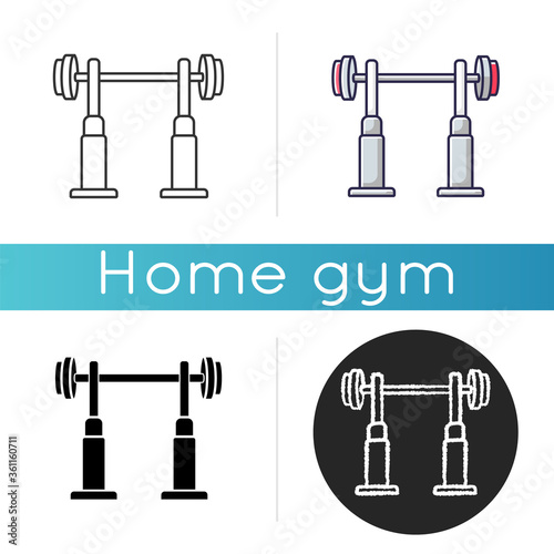 Squat rack icon. Linear black and RGB color styles. Fitness center, health club workout. Gym equipment for legs and back muscle training. Stand with barbell isolated vector illustrations